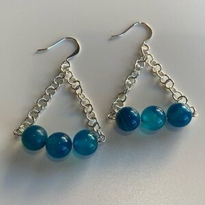 HAND CRAFTED EARRINGS Blue Agates Chains Sterling Silver Beaded Dangle Drop NWT